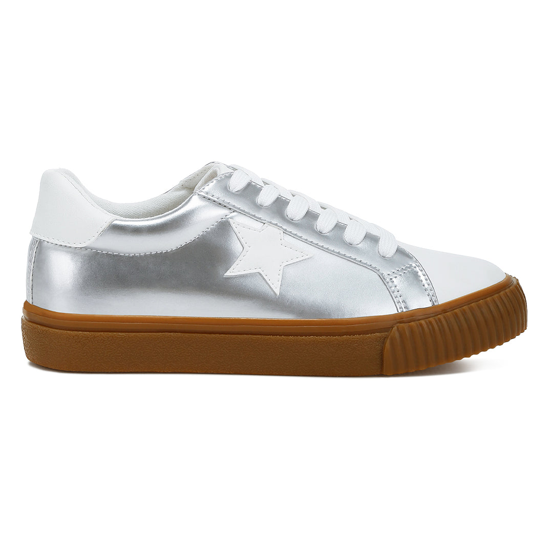 metallic faux leather star sneakers#color_silver