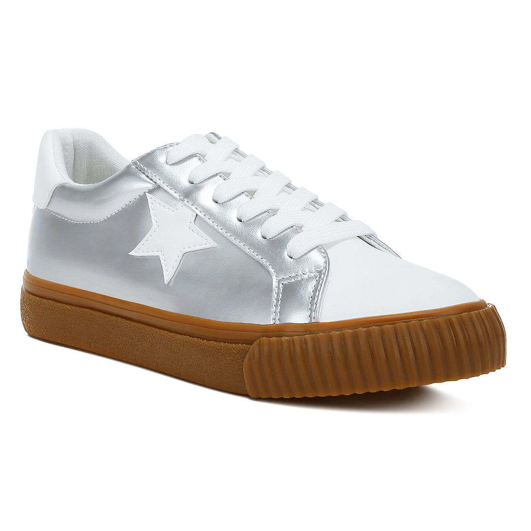 metallic faux leather star sneakers#color_silver