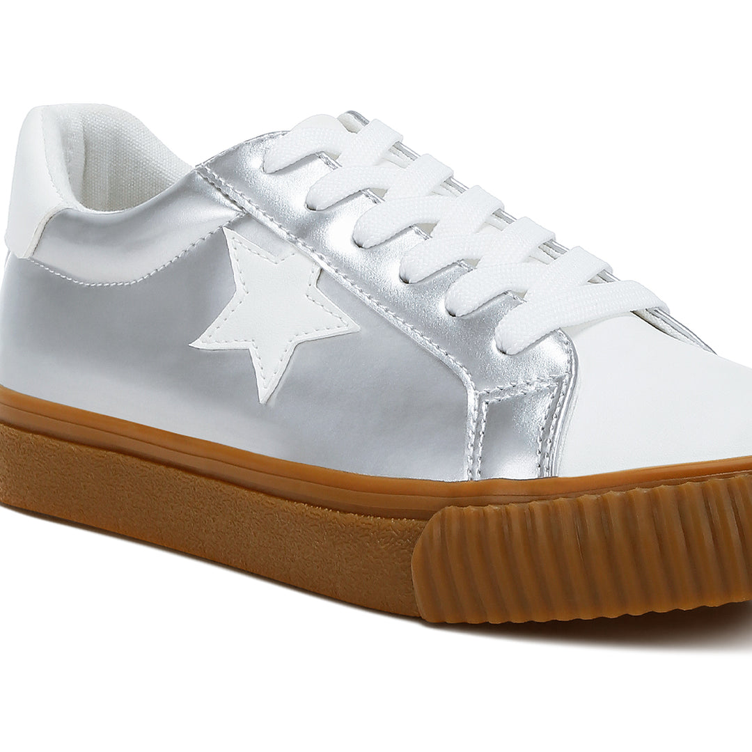 metallic faux leather star sneakers#color_silver