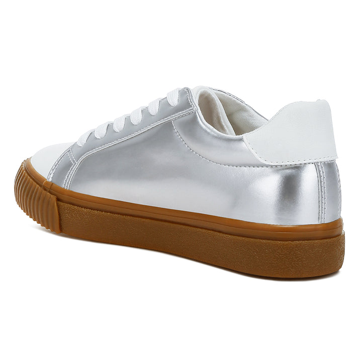 metallic faux leather star sneakers#color_silver