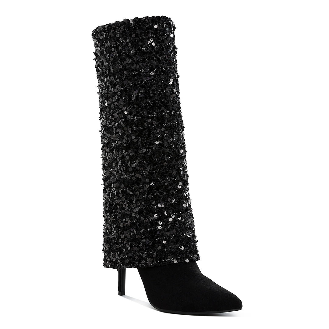 sequinned fold-over calf boots#color_black