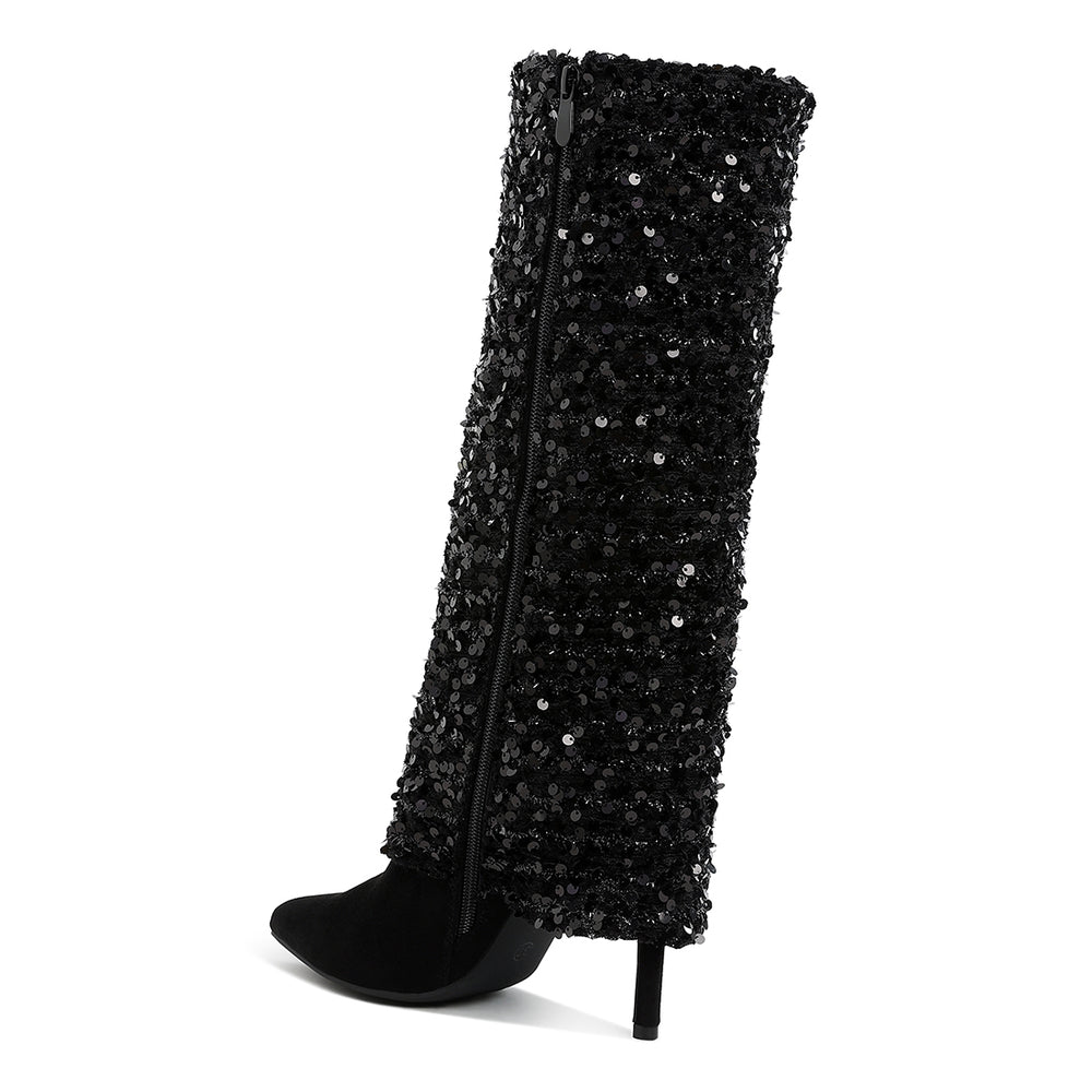 sequinned fold-over calf boots#color_black