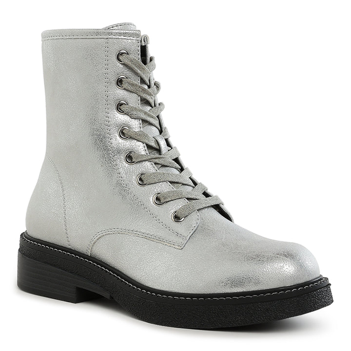 faux leather lace up boots#color_silver