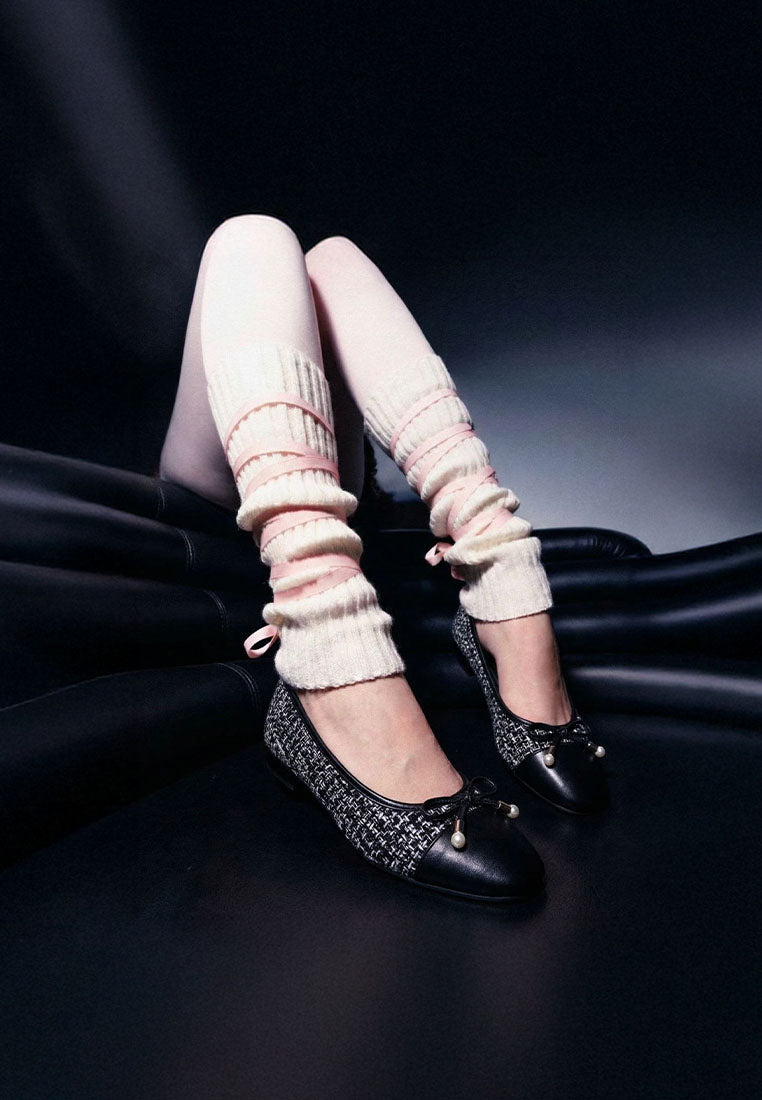 Women Boucle Pearl Bow Ballerinas
