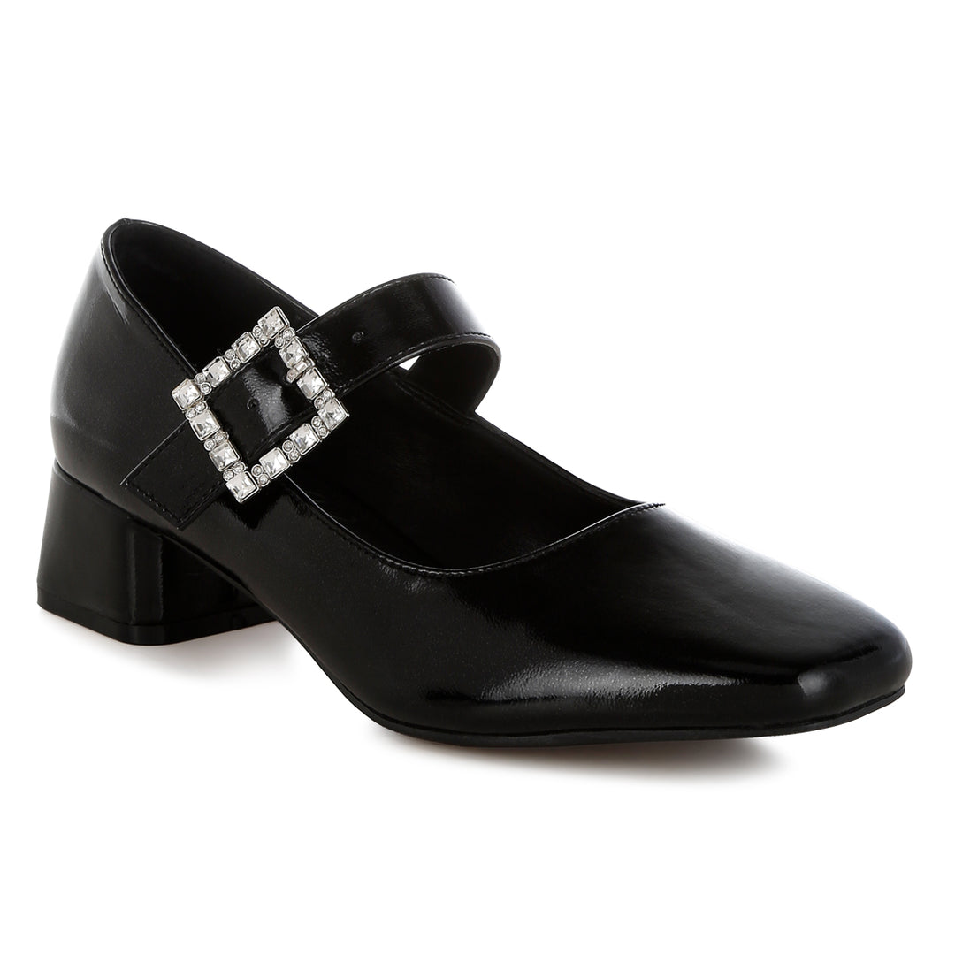 diamante brooch metallic mary jane pumps#color_black