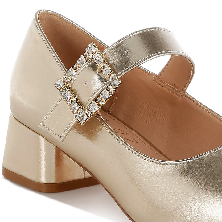 diamante brooch metallic mary jane pumps#color_gold