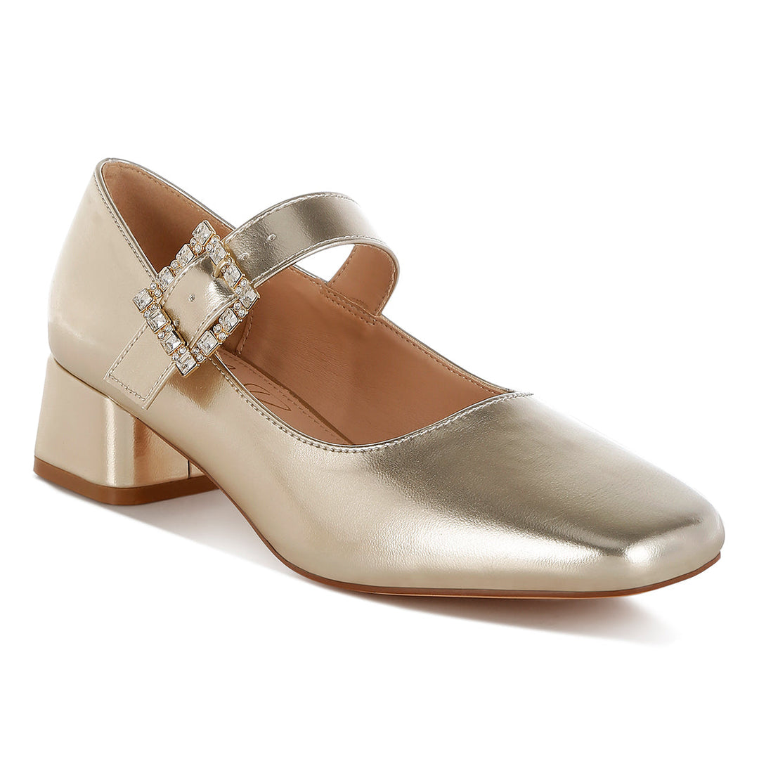 diamante brooch metallic mary jane pumps#color_gold