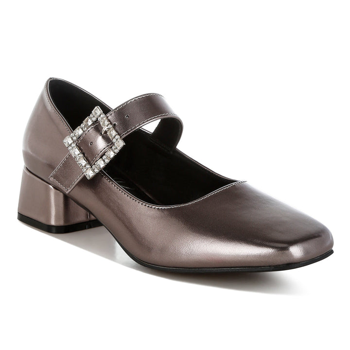 diamante brooch metallic mary jane pumps#color_pewter