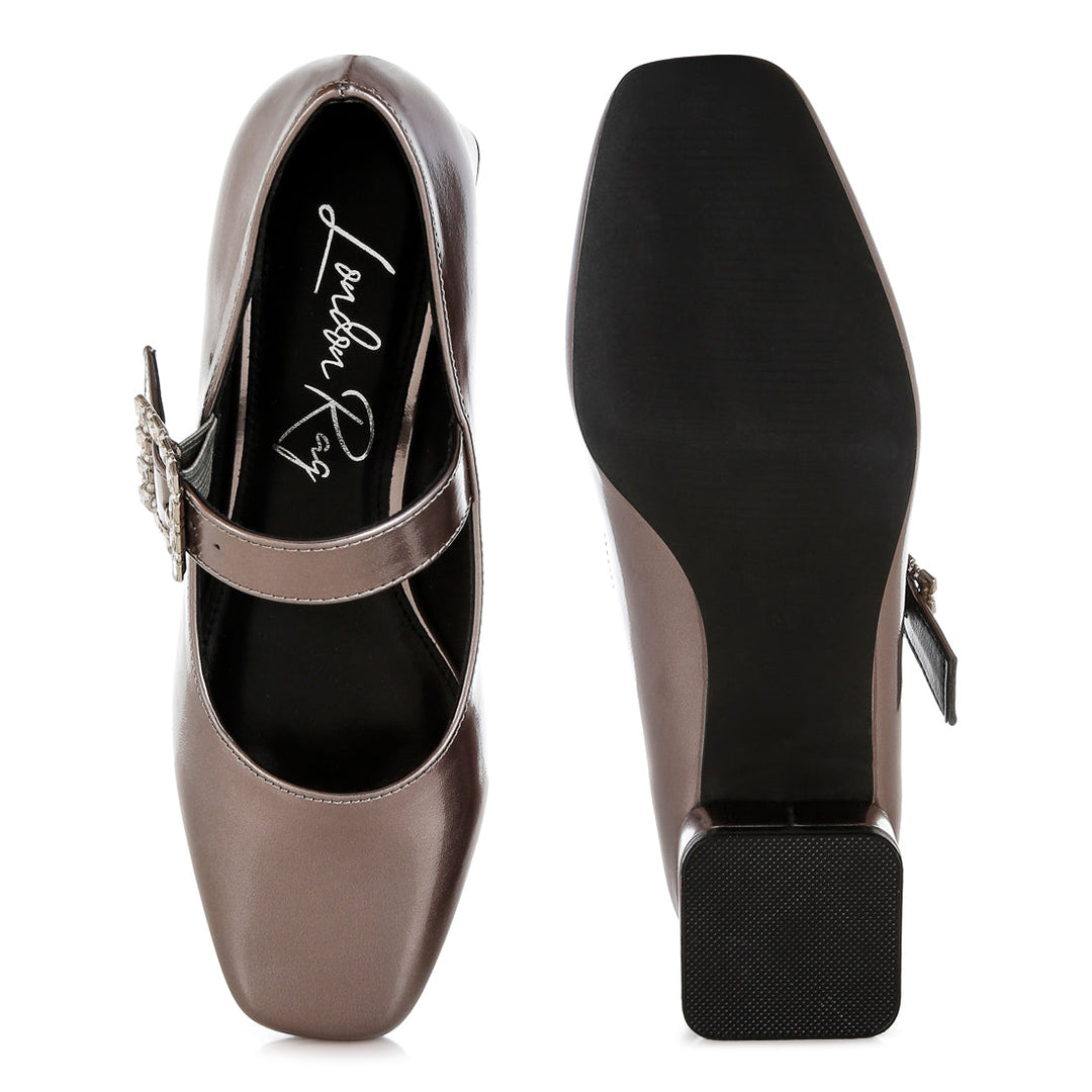 diamante brooch metallic mary jane pumps#color_pewter