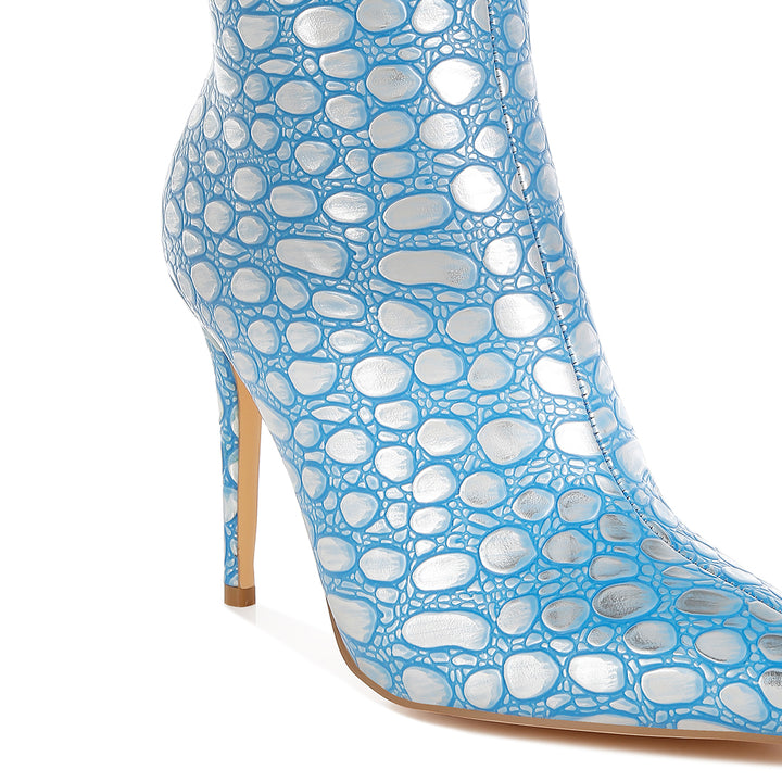 embossed stiletto heel ankle boots#color_blue