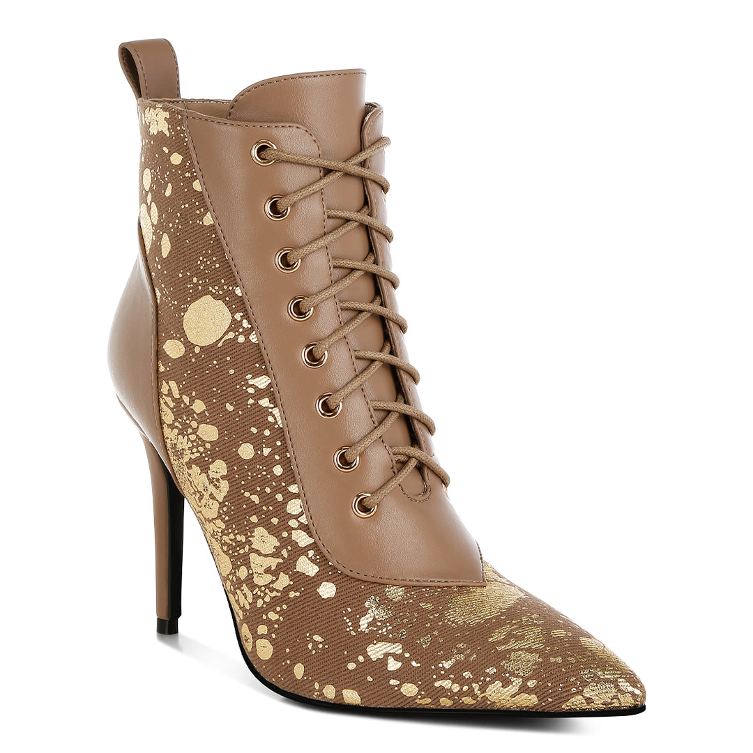 abstract pattern lace-up ankle boots#color_brown