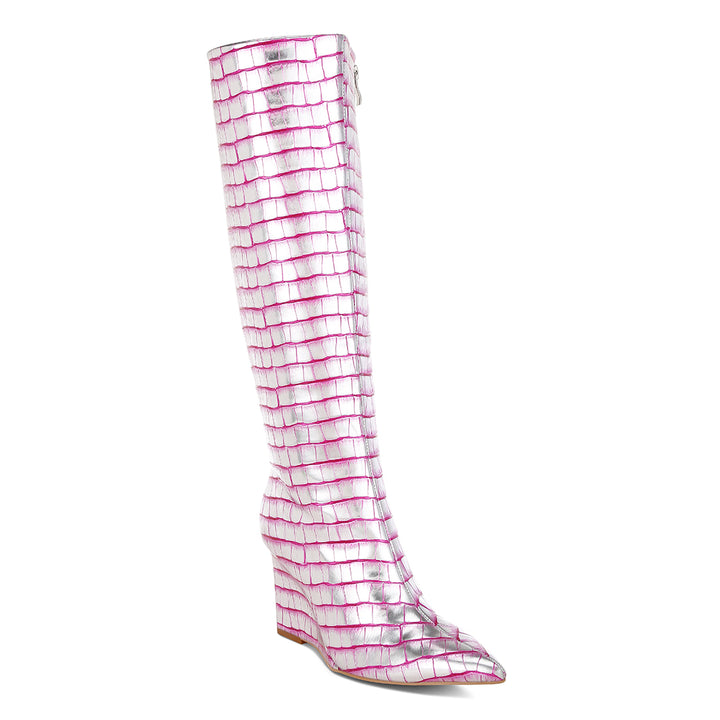 croco metallic long boots#color_pink