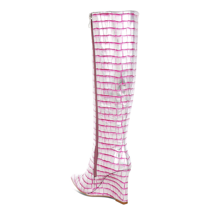 croco metallic long boots#color_pink