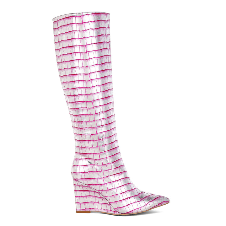 croco metallic long boots#color_pink