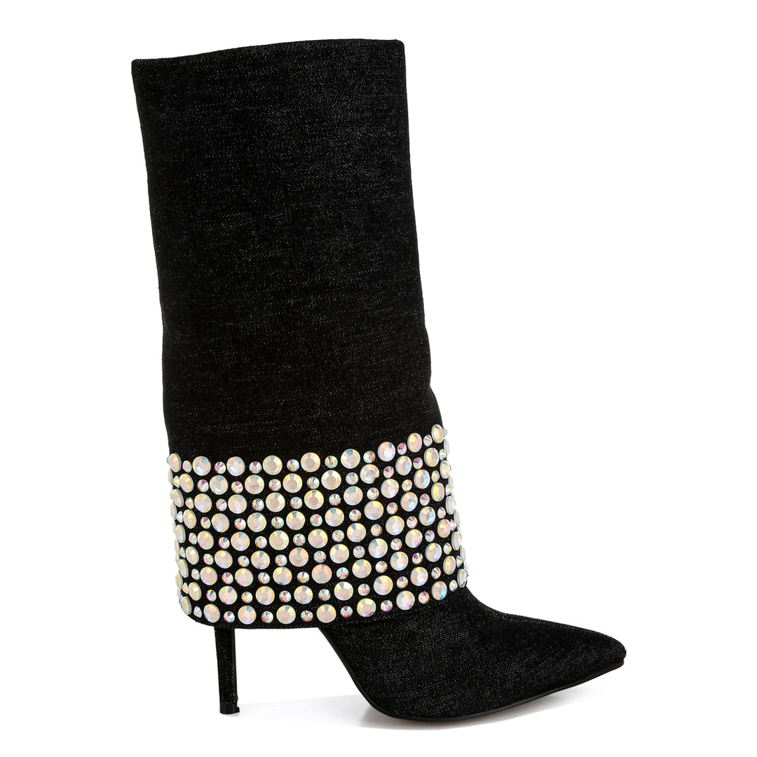 diamante & rhinestones denim boots#color_black