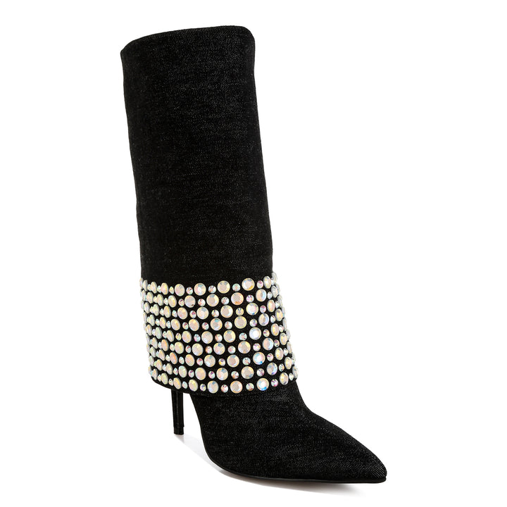 diamante & rhinestones denim boots#color_black