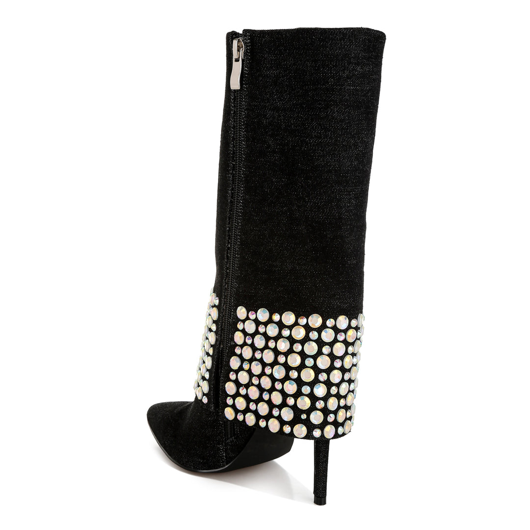 diamante & rhinestones denim boots#color_black