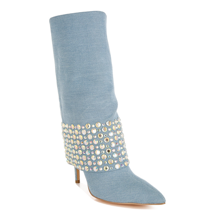 diamante & rhinestones denim boots#color_blue