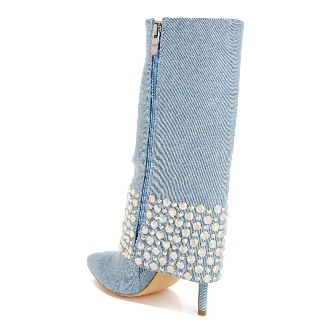 diamante & rhinestones denim boots#color_blue