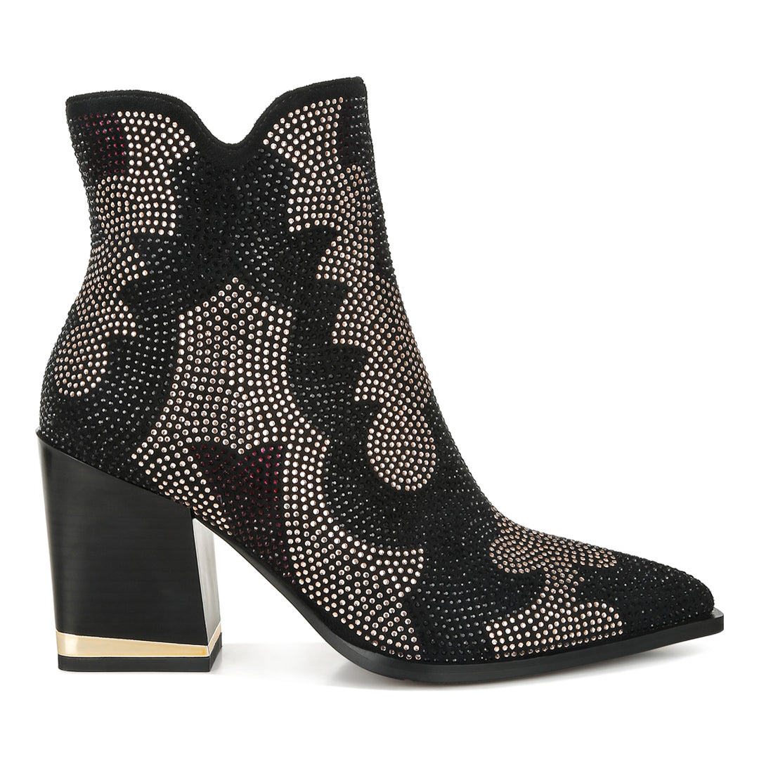 rhinestones embellished block heel boots#color_black