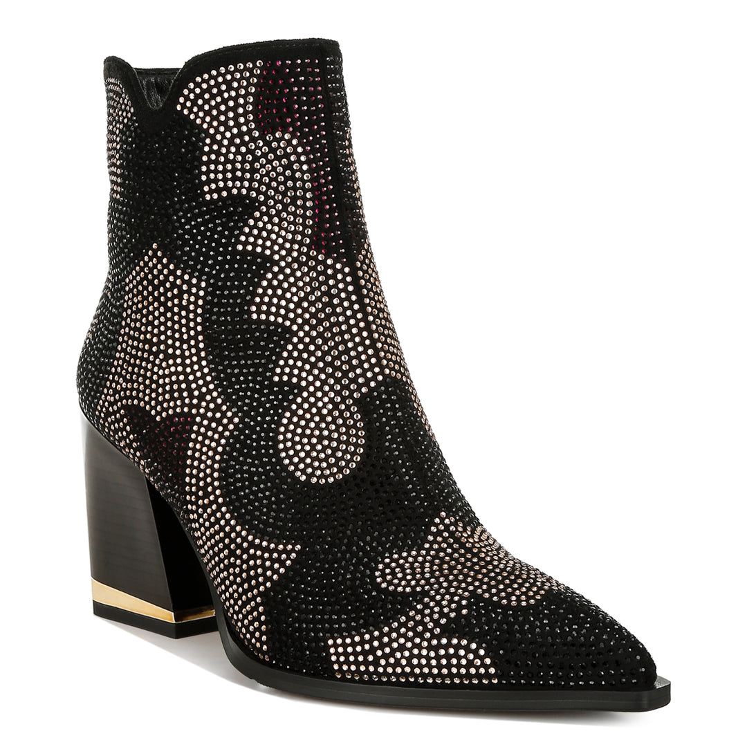 rhinestones embellished block heel boots#color_black