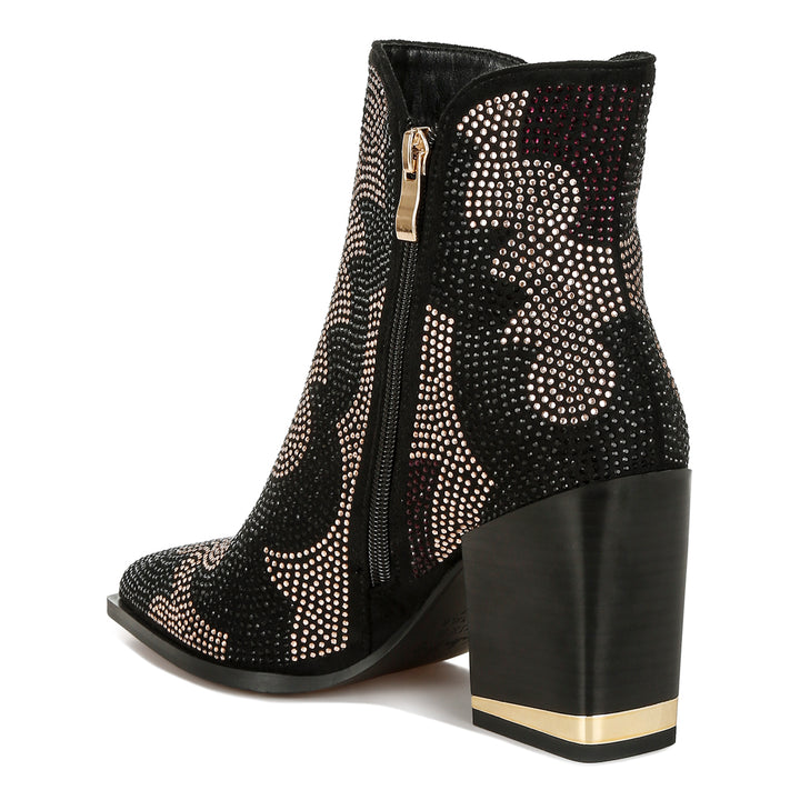 rhinestones embellished block heel boots#color_black