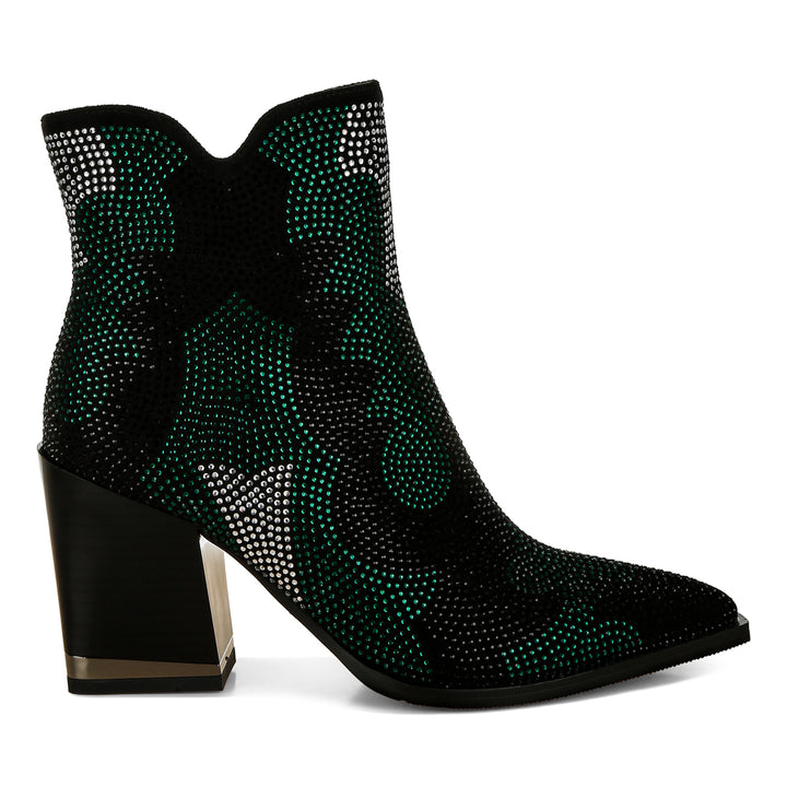 rhinestones embellished block heel boots#color_green