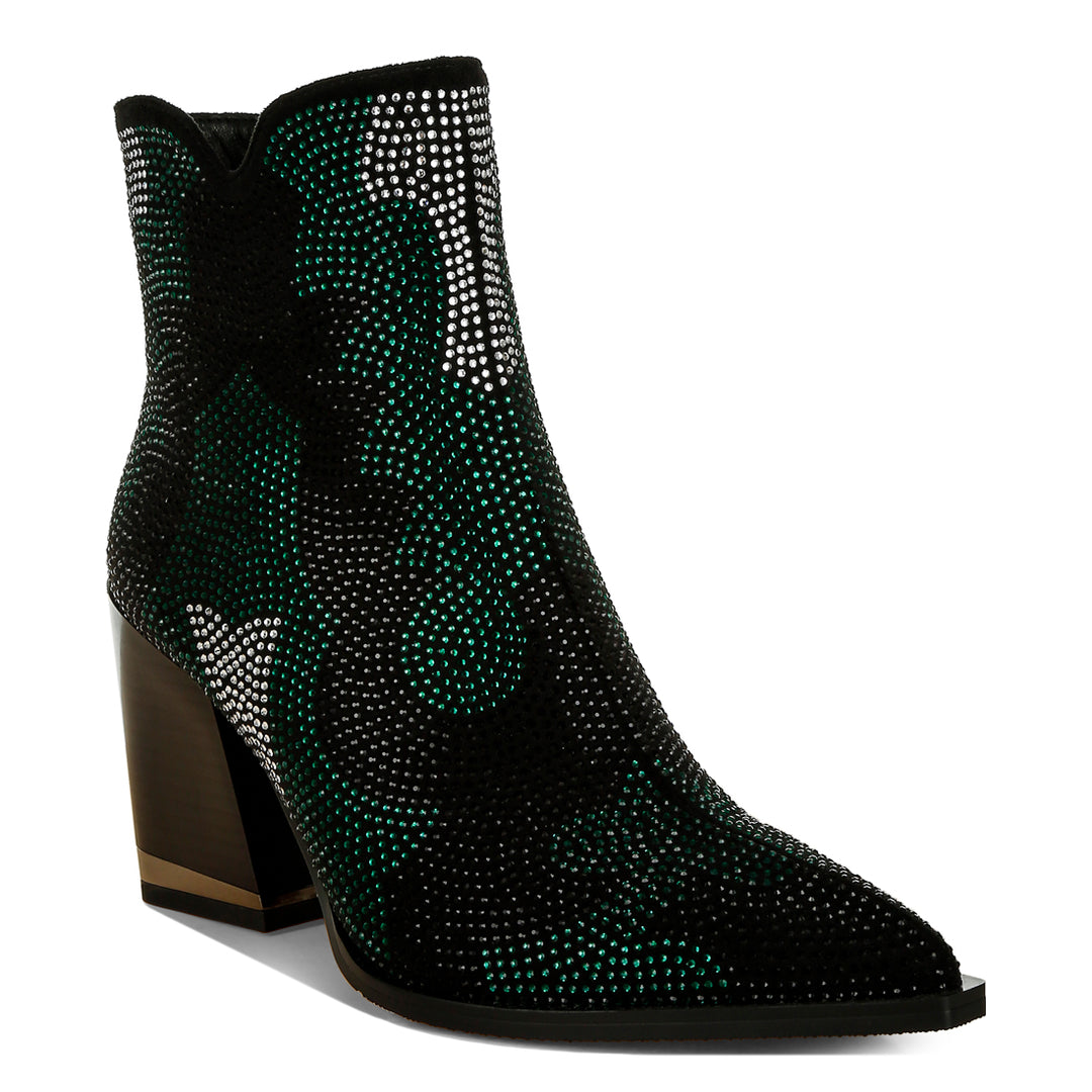 rhinestones embellished block heel boots#color_green