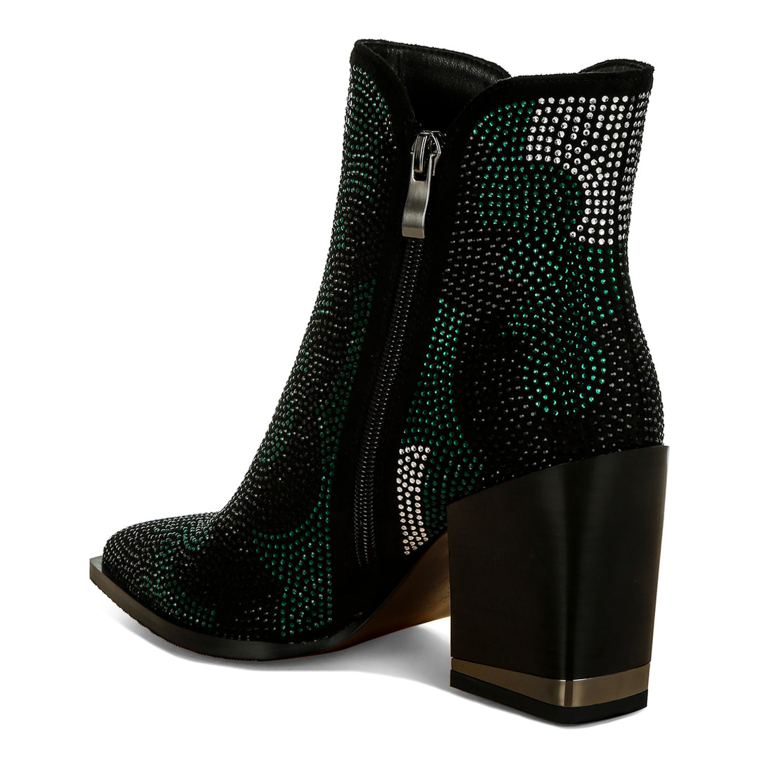 rhinestones embellished block heel boots#color_green