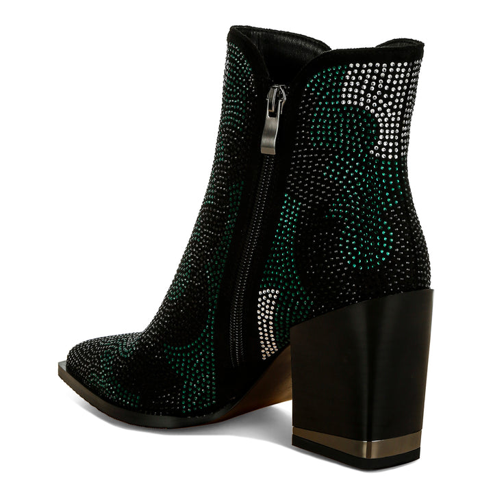 rhinestones embellished block heel boots#color_green