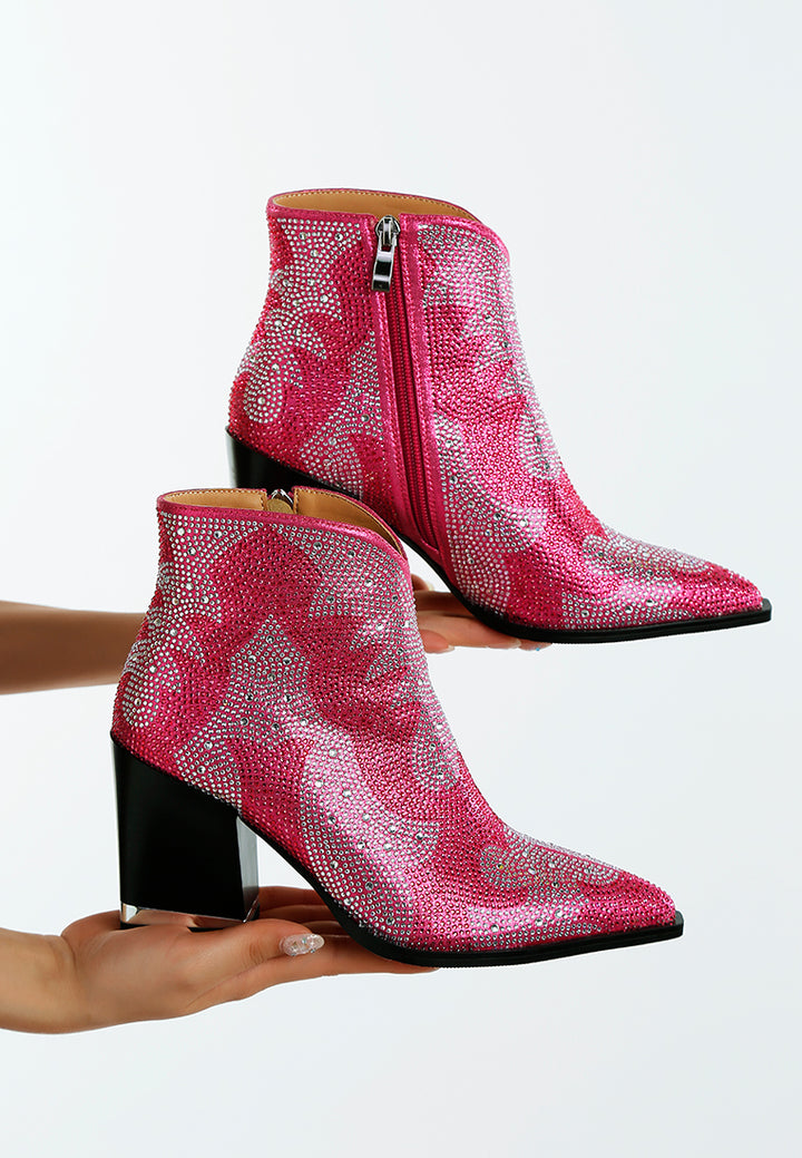 women rhinestones embellished ankle boots#color_fuchsia