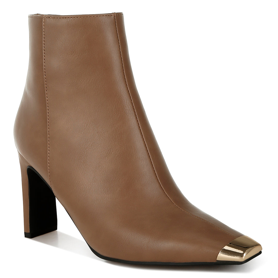 metallic cap toe faux leather boots#color_brown