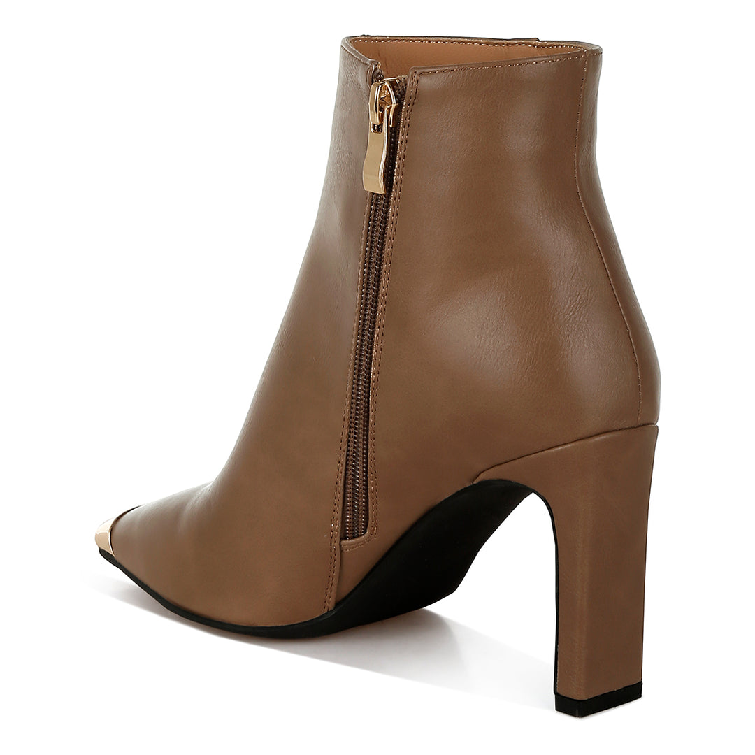 metallic cap toe faux leather boots#color_brown