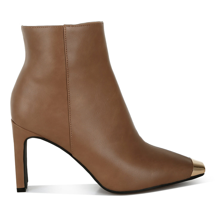 metallic cap toe faux leather boots#color_brown