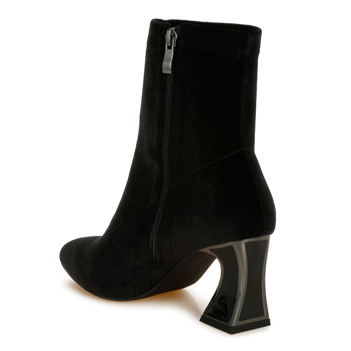 flared block heel velvet boots#color_black