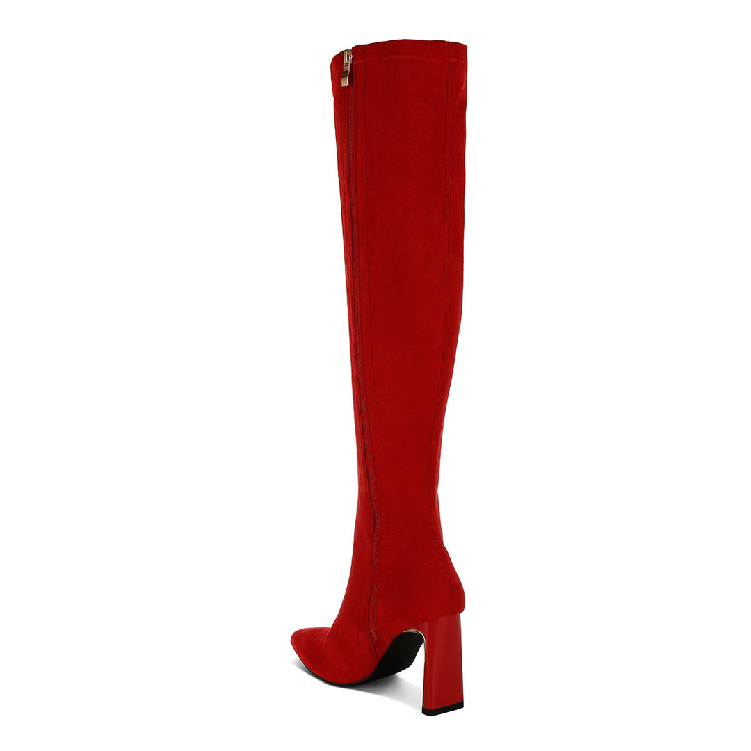 slim block heel long boots#color_red