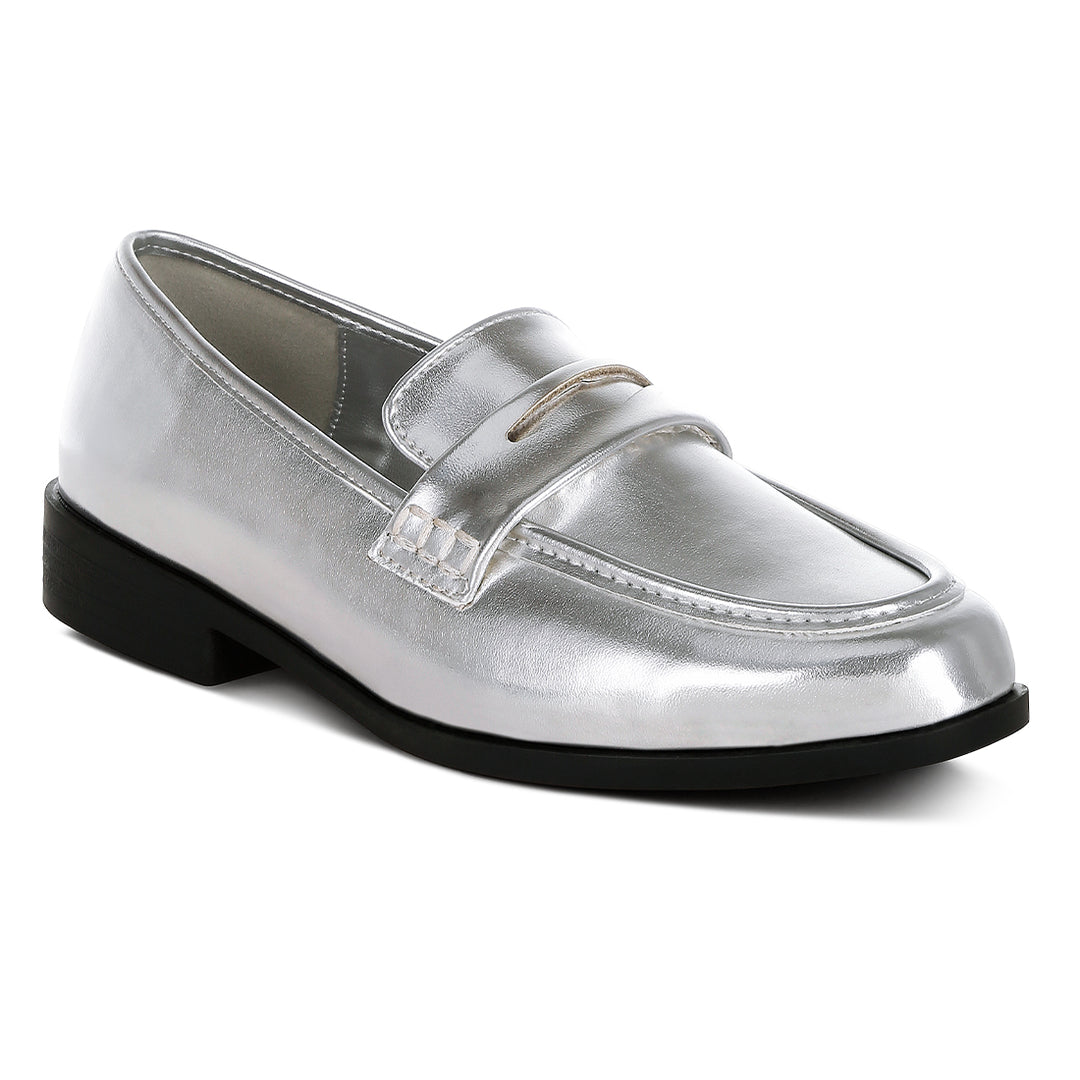 metallic faux leather flat loafers
#color_silver