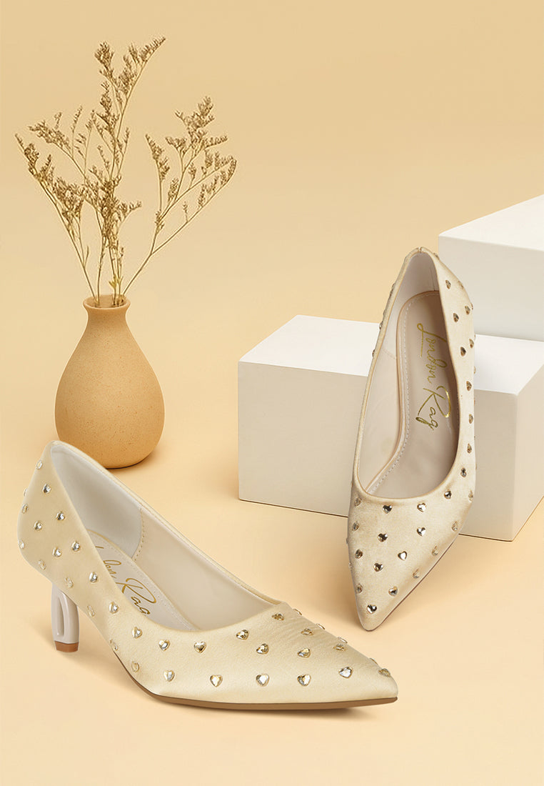 women heart-shaped rhinestones pumps#color_beige