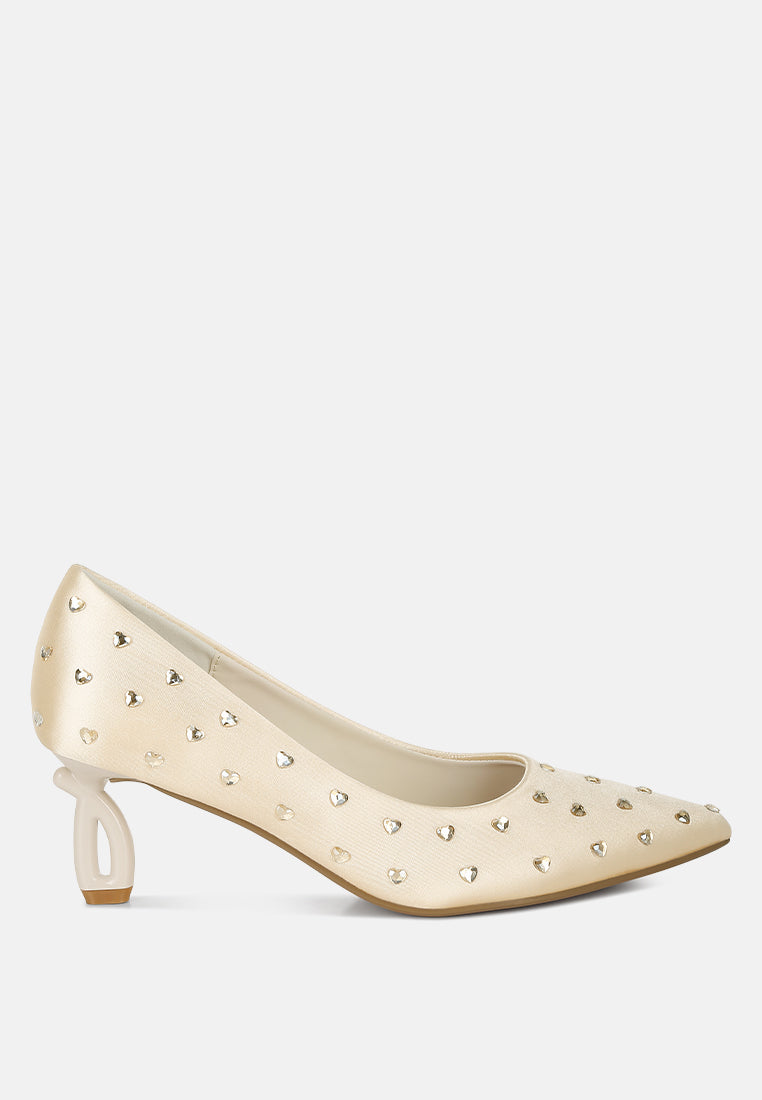 women heart-shaped rhinestones pumps#color_beige
