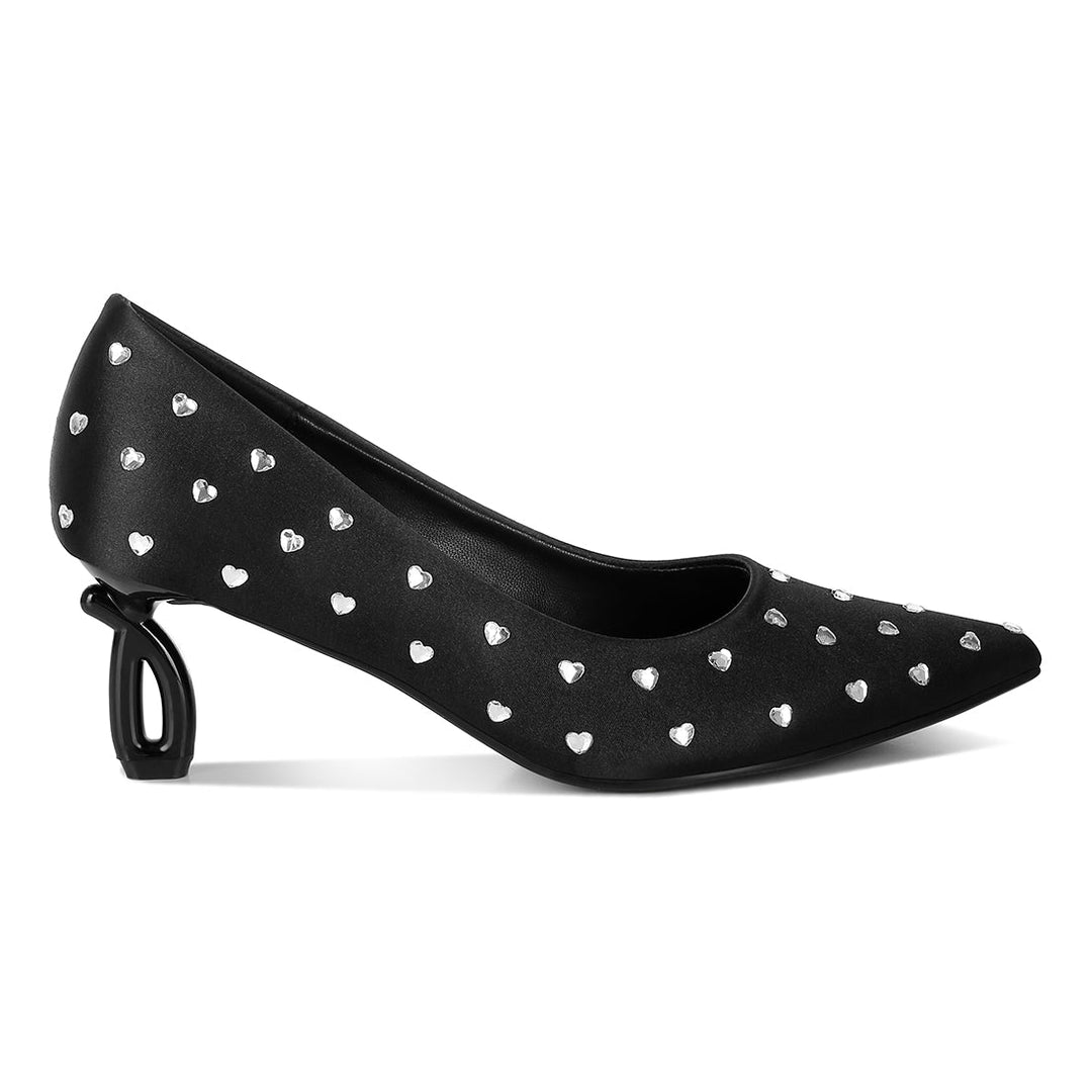 heart-shaped rhinestones pumps#color_black