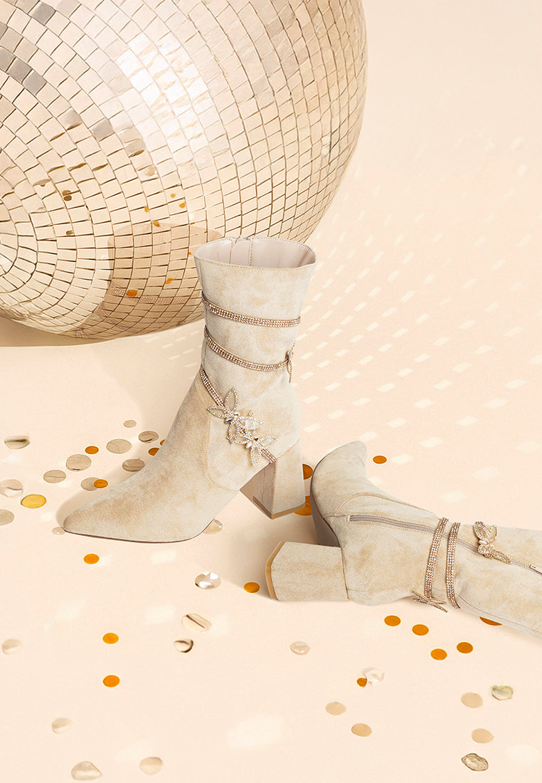 women rhinestone brooch wrap-around boots#color_beige