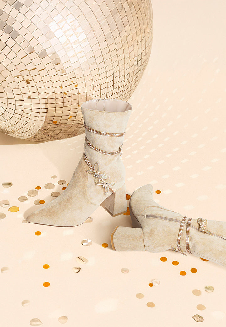 women rhinestone brooch wrap-around boots#color_beige