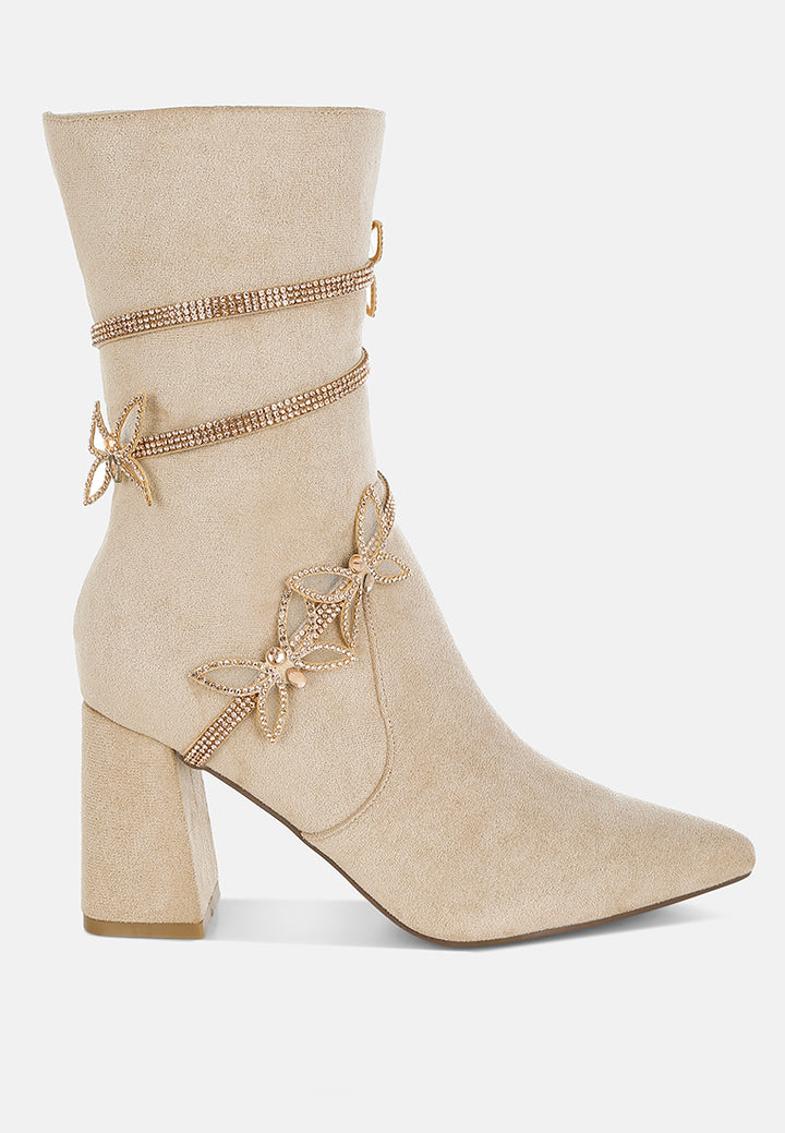 women rhinestone brooch wrap-around boots#color_beige