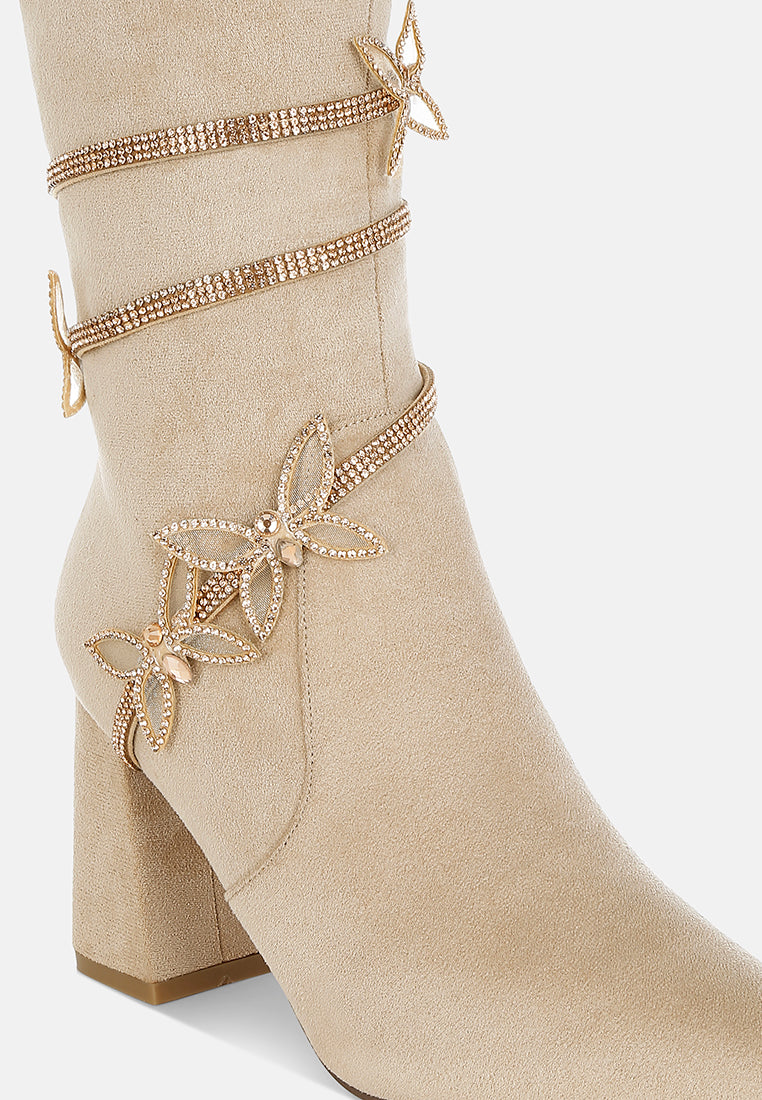 women rhinestone brooch wrap-around boots#color_beige