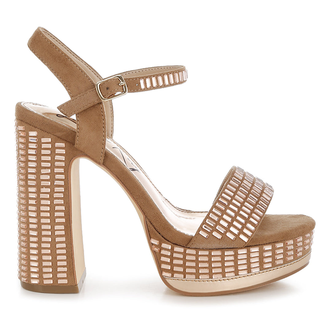 rhinestones embellished ankle strap heels#color_tan