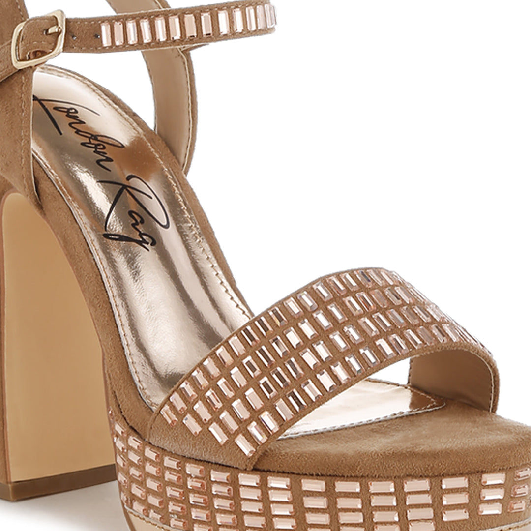 rhinestones embellished ankle strap heels#color_tan