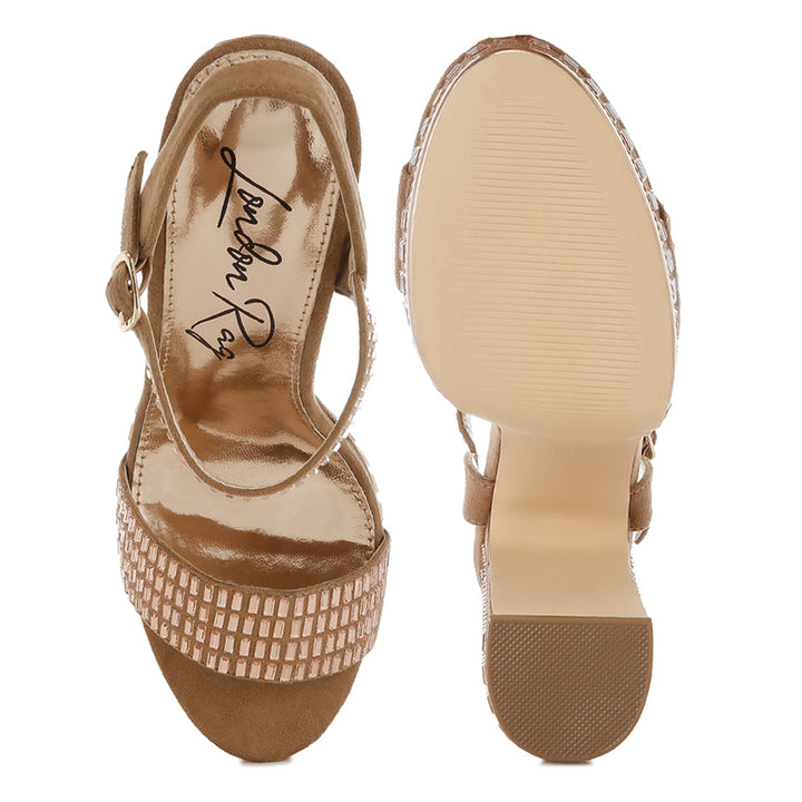 rhinestones embellished ankle strap heels#color_tan