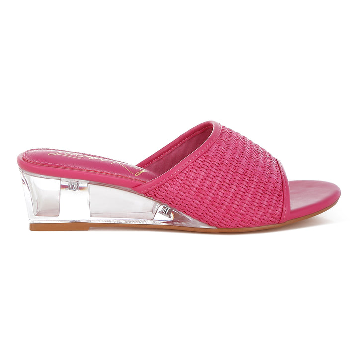 raffia clear heel wedge sandals#color_pink