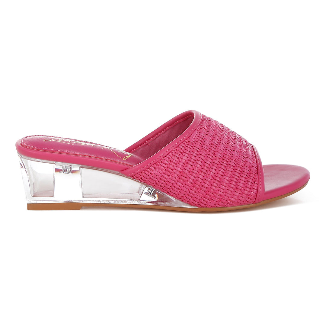 raffia clear heel wedge sandals#color_pink
