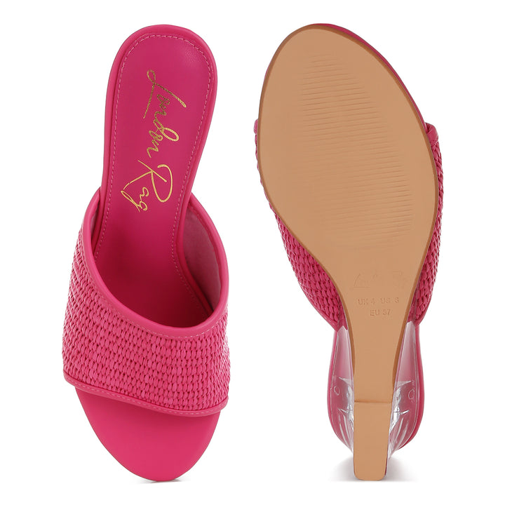 raffia clear heel wedge sandals#color_pink